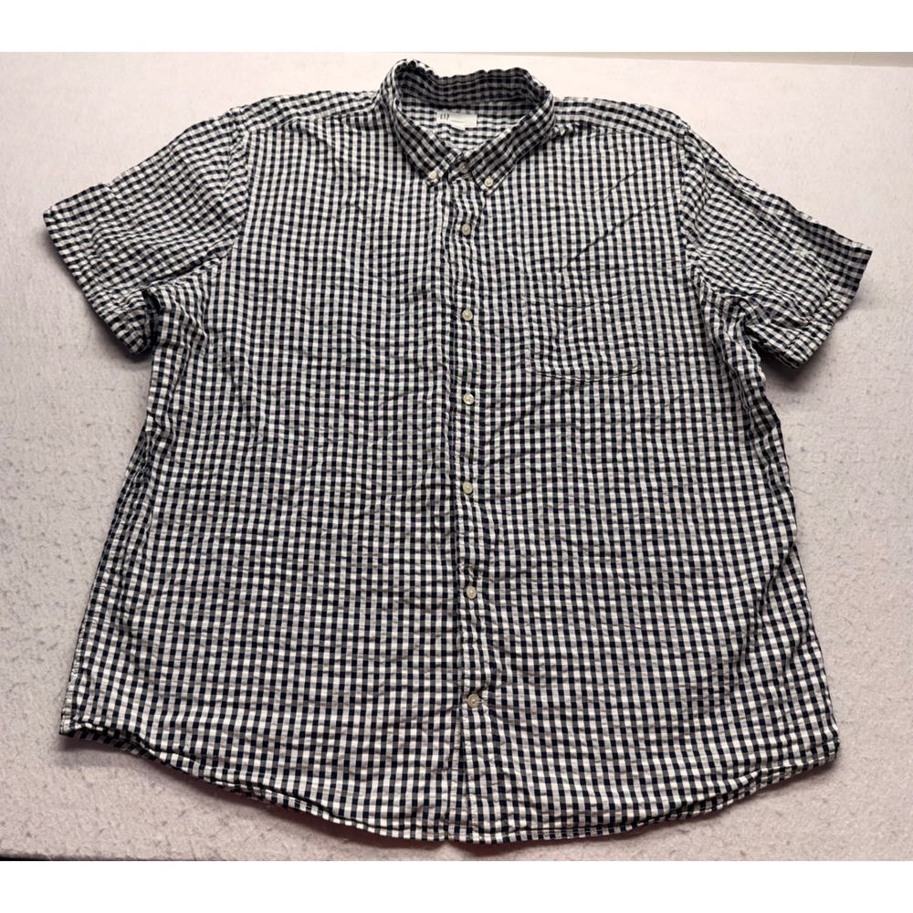 Gap Mens XXL Gingham Check Short Sleeve Button Down Shirt Navy Blue White Cotton
